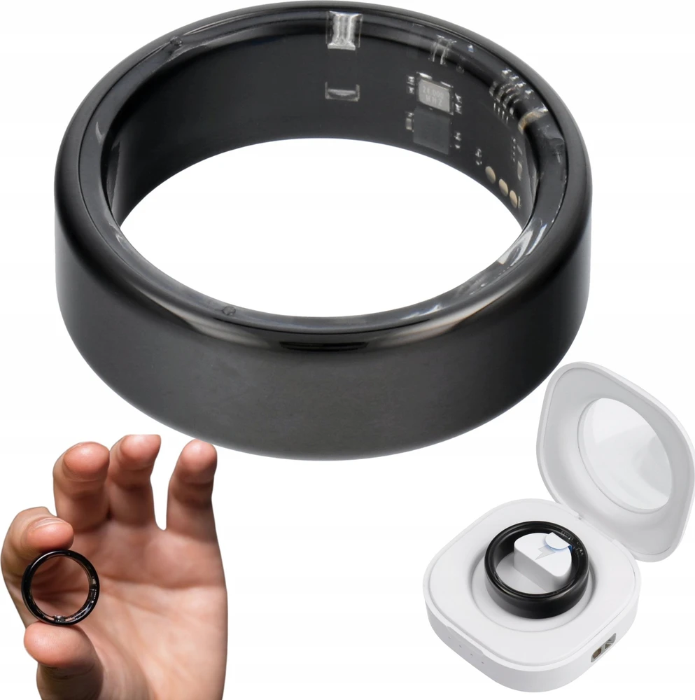 OEM Smart Ring R11M - išmanusis plieno žiedas su įkrovimo dėžute, 8 dydis (18,1 mm), juodas