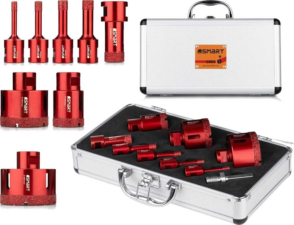 Grąžtas 9 vienetų rinkinys, deimantiniai pjūklai akmens masės dirbiniams 6,8,10,12,20,35,55,68 mm ir adapteris, sausas, M14, 365 SMART [SM-25-SET9]