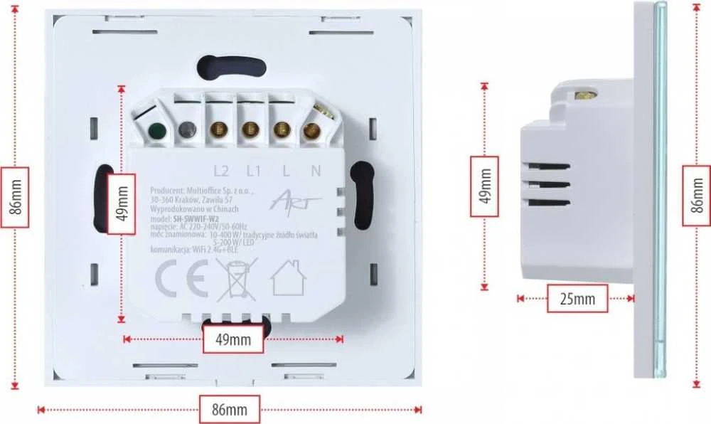 SMART WIFI LIGHT SWITCH dvigubas baltas ART oem