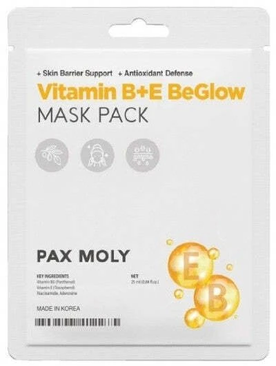 PaxMoly Be Glow Vitamin B+E Brightening & Illuminating Sheet Mask Face Day & Night, 25 ml