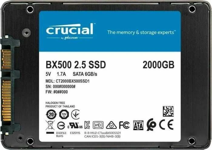 Crucial BX500 2000 GB SSD sąsaja SATA Rašymo greitis 500 MB/s Skaitymo greitis 540 MB/s