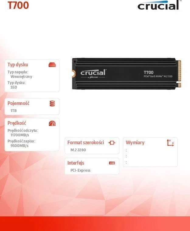 „Crucial T700 M.2 PCI-e 5.0 NVMe 1TB“ radiatorius