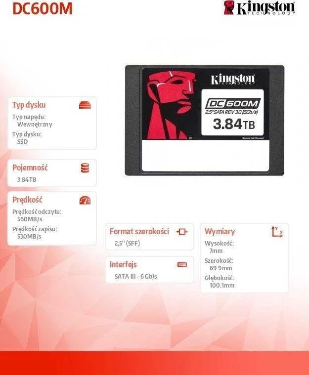KINGSTON 3,84 TB DC600M 2,5 colio SATA3 mišraus naudojimo duomenų centro SSD, skirtas įmonių serveriams ir NAS (palaikomas „VMWare“)