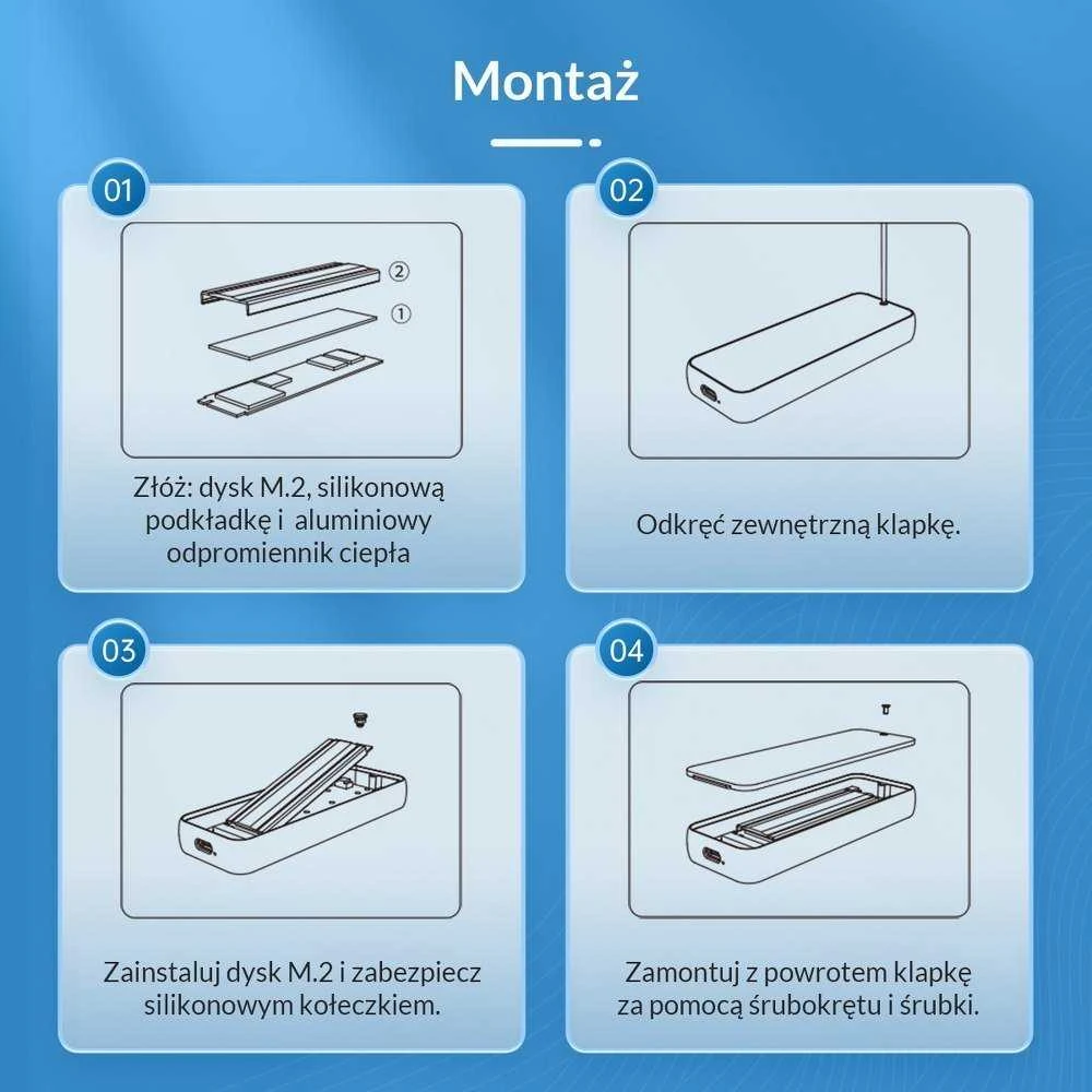 Orico M.2 korpuso montavimo instrukcija