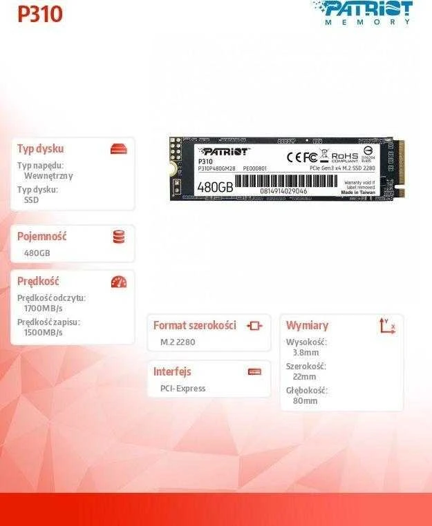 PATRIOT P310 480GB M2 2280 PCIe SSD NVME