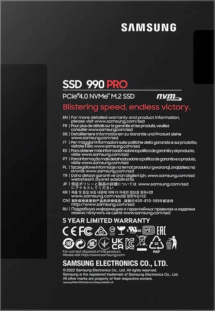 Kietasis diskas Samsung 990 PRO 2000 GB, SSD form factor M.2 2280, SSD sąsaja PCIe Gen4x4, Rašymo greitis 6900 MB/s, Skaitymo greitis 7450 MB/s