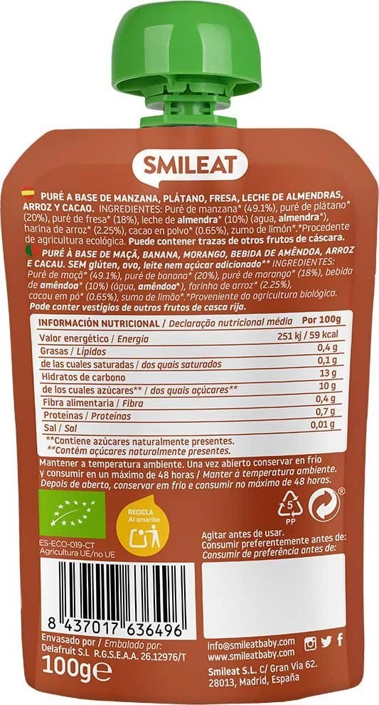 Vaisių putėsiai tūbelėje vaikams Migdolų kakavos braškių ekologiškas 9m+ 100G Smileat