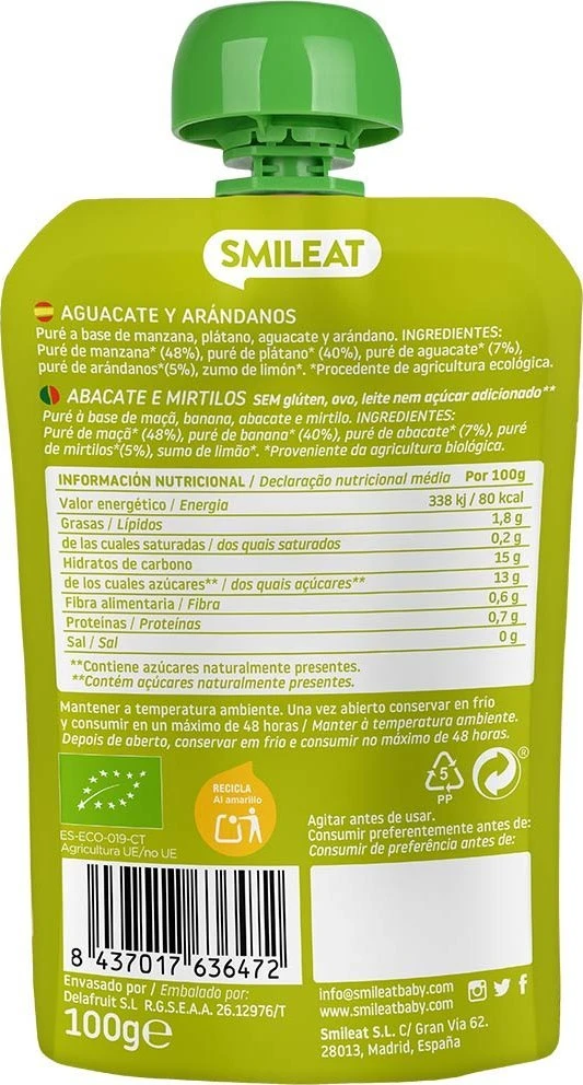 Vaisių putėsiai tūbelėje vaikams Mėlynių ir avokadų ekologiškas 6m+ 100G Smileat