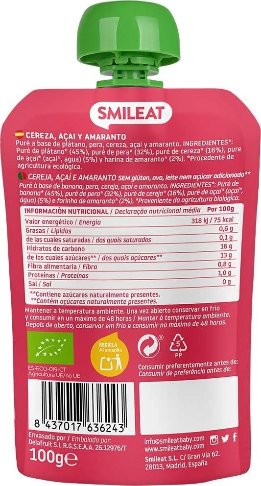 Vaisių putėsiai tūbelėje vaikams Vyšnių Acai Amaranth Organic 6m+ 100G Smileat