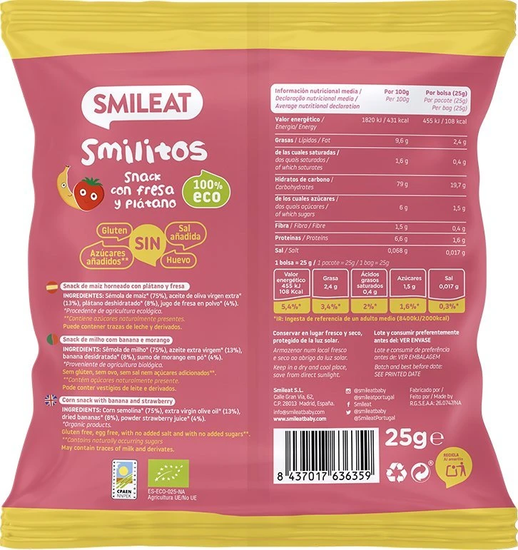 Smileat Smilitos Corn Puffs Braškių bananų sveikas užkandis 25G
