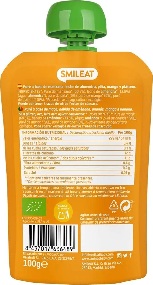 Smileat vaisių putėsiai ananasų mango migdolų desertas vaikams 9m+ 100g ekologiškas