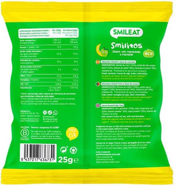 Kukurūzų traškučiai be cukraus obuolių bananai 8 mėn. 25g BIO Healthy Smileat
