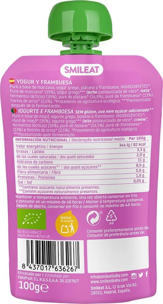 Vaisių putėsiai be cukraus vaikams Aviečių ekologiškas jogurtas 9m+ 100g Smileat