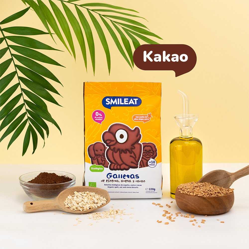 Speltos sausainiai be cukraus kakavos obuoliai 10 mėnesių 220g Smileat BIO Mini