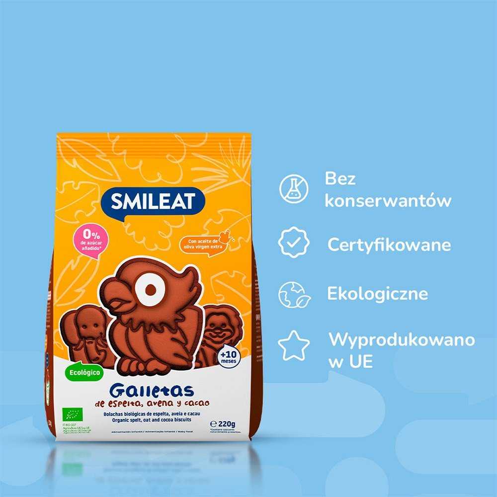 Speltos sausainiai be cukraus kakavos obuoliai 10 mėnesių 220g Smileat BIO Mini