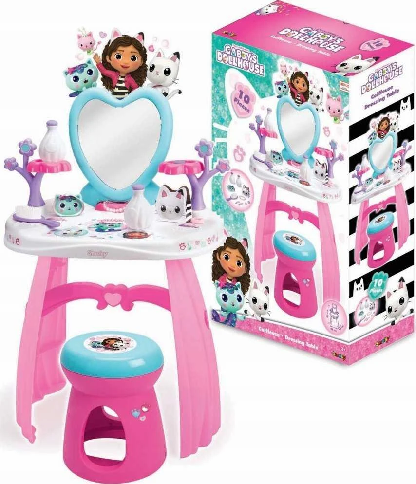 Smoby „Gabi Cat House“ didelis tualetinis staliukas su veidrodžiu ir taburete + 10 aksesuarų grožio salonas