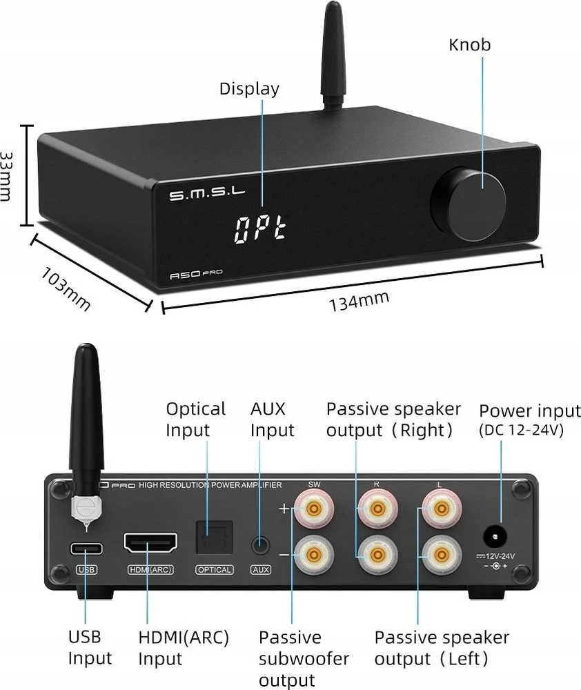 SMSL SMSL A50 PRO - 2.1 garsiakalbių stiprintuvas su „Bluetooth“ ir HDMI ARC
