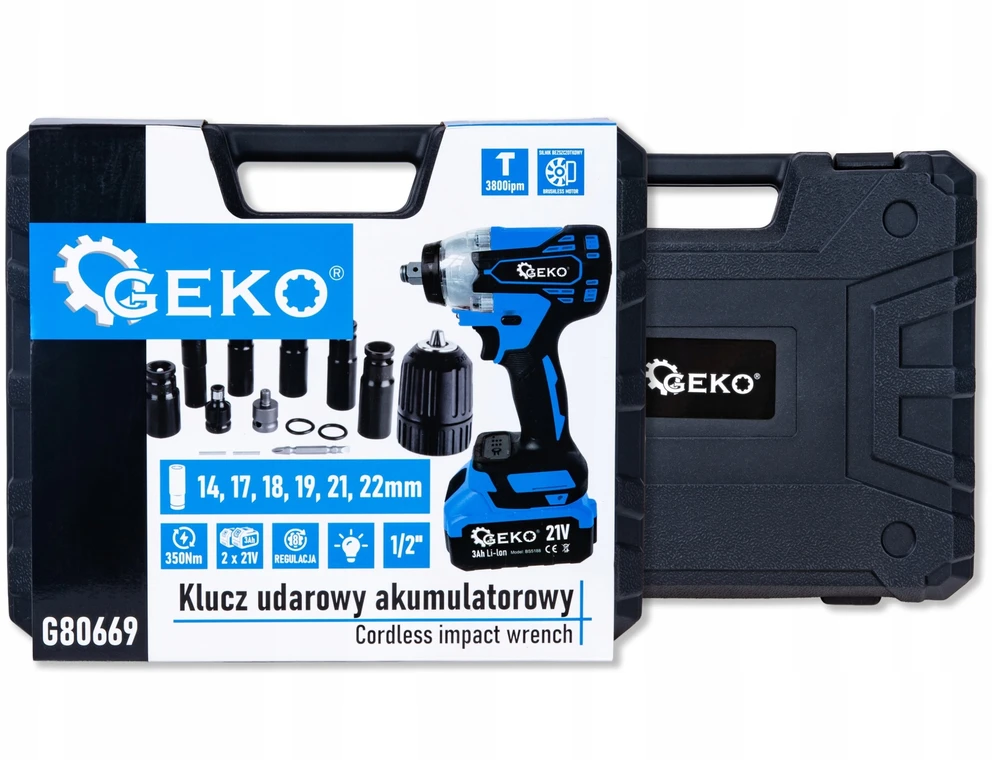 Smūginis veržliasukis Geko Akumuliatorinis bezszczotkowy 350Nm 2x3.0Ah 21V – komplektas XXL (5) (5903418302900)