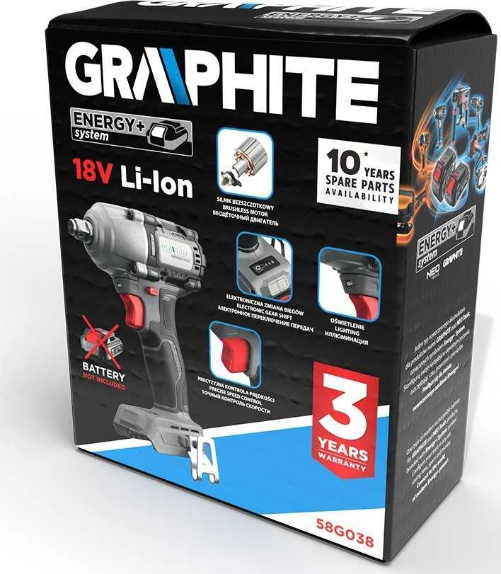 Smūginis veržliaraktis GRAPHITE Energy+ 450 Nm Bešepetėlinis