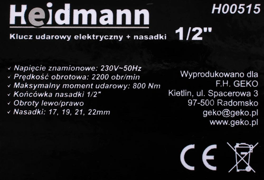 Smūginis veržliasukis Heidmann Smūginis veržliasukis elektrinis 1/2'' + sukimo galvos typ H(5)