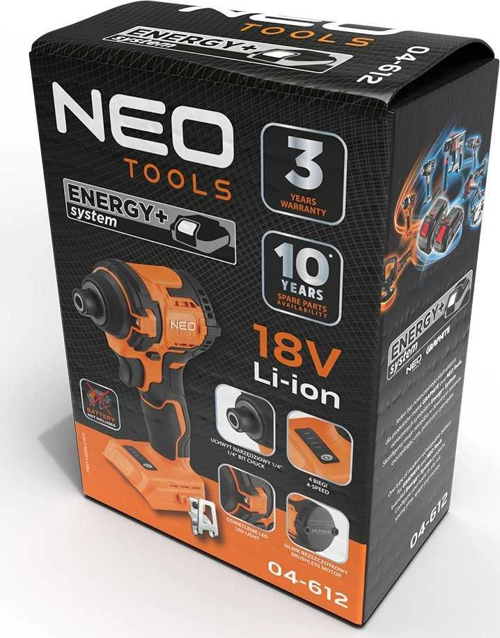 Neo Suktuvas - gręžtuvas „Energy+“ 18 V bešepetėlinis smūginis suktuvas, 300 Nm, 1/4 colio šešiakampis, kompaktiškas, be akumuliatoriaus