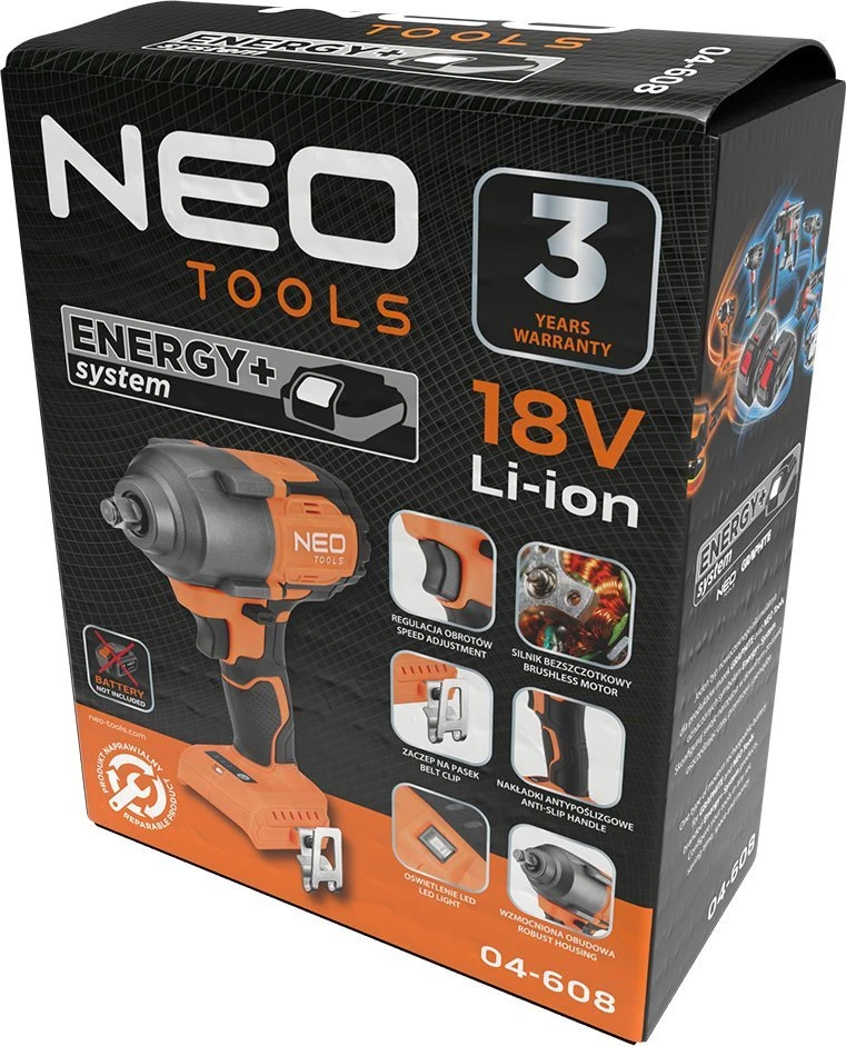 Neo Tools Klucz „Energy+“ 18 V bešepetėlinis smūginis veržliasukis, 850 Nm, 1/2?, be akumuliatoriaus
