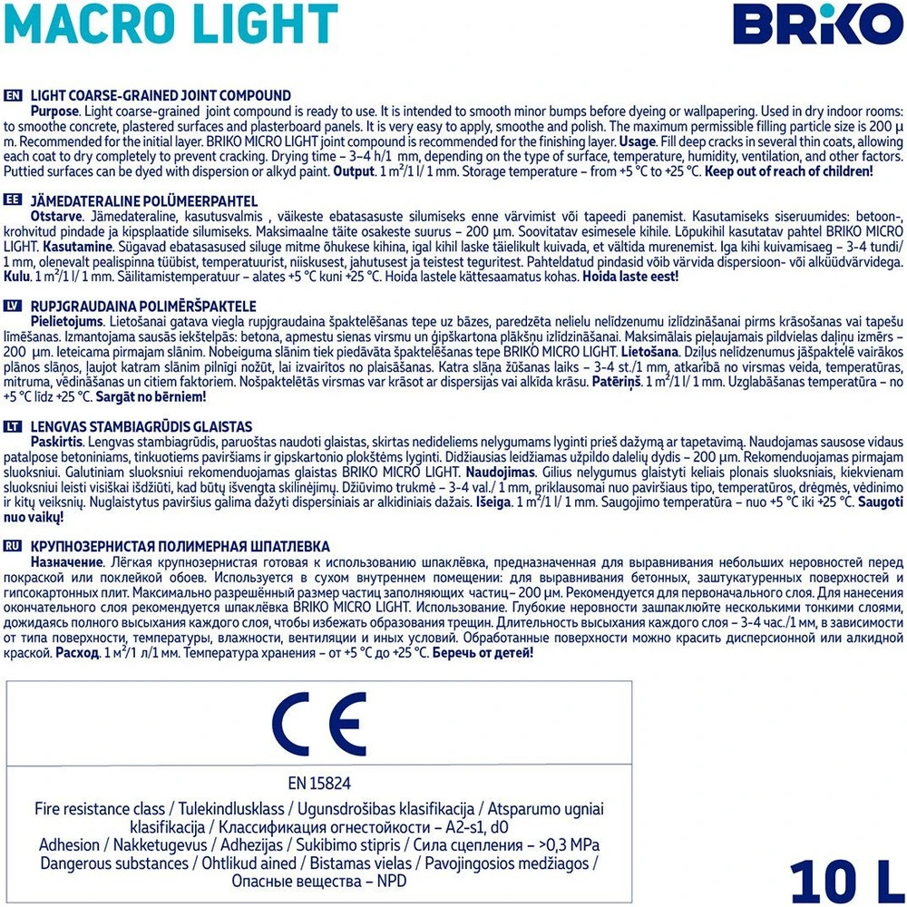 Briko FINE-GRAINED PUTTY BRIKO 10 L