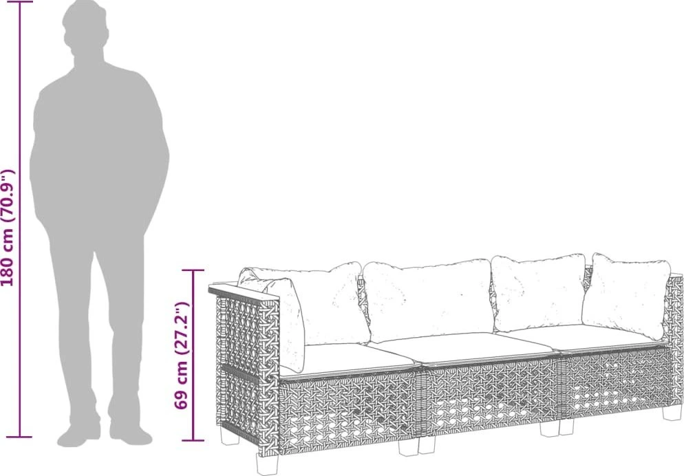 Trivietė sodo sofa su pagalvėlėmis, smėlio spalvos, poliratanas