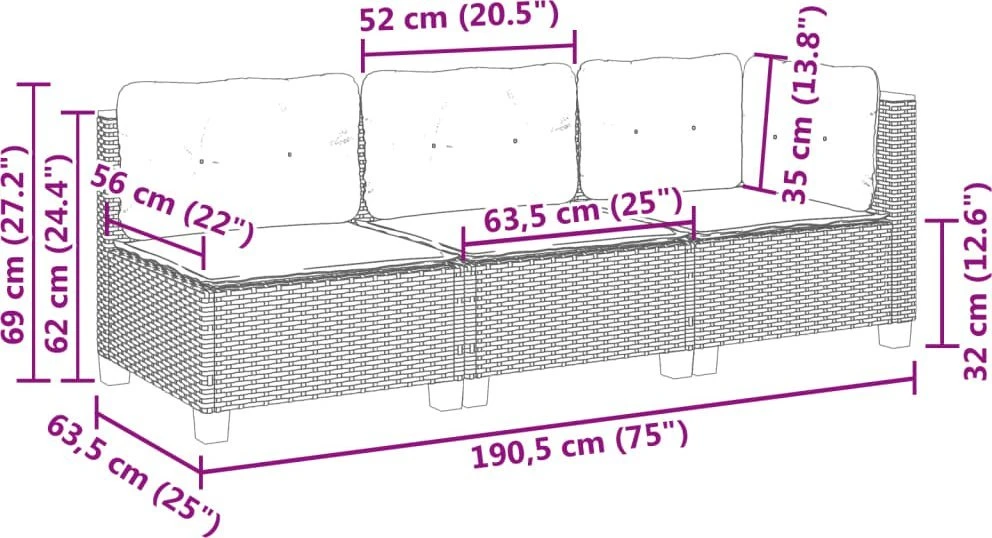 Trivietė sodo sofa su pagalvėlėmis, smėlio spalvos, poliratanas