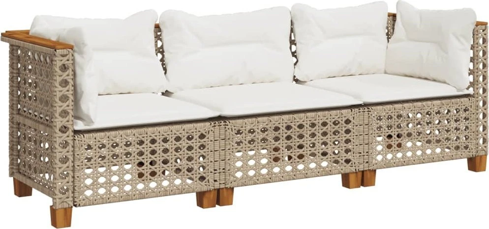 Trivietė sodo sofa su pagalvėlėmis, smėlio spalvos, poliratanas