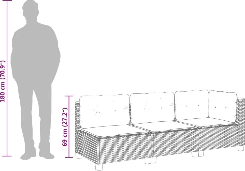 Trivietė sodo sofa su pagalvėlėmis, smėlio spalvos, poliratanas