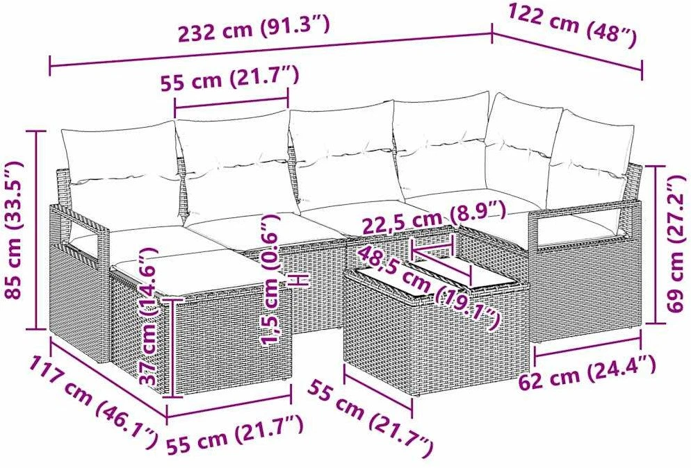 Lauko baldų komplektas Sofos komplektas 7 vnt. Ruda poliratanas