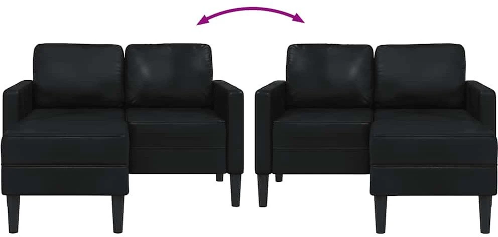 Dvivietė sofa su šezlongu, L formos, juoda, 125 cm, dirbtinė oda