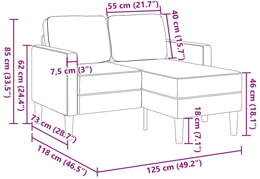 Dvivietė sofa su šezlongu, L formos, juoda, 125 cm, aksominis