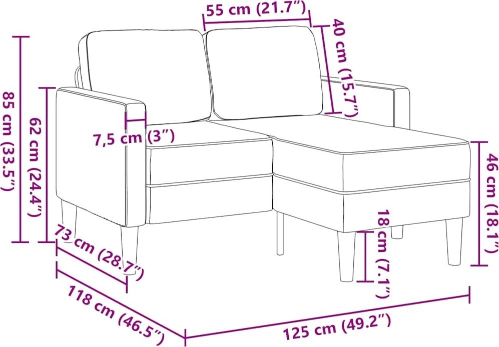 Dvivietė sofa su šezlongu, L formos, kapučino spalvos, 125 cm, dirbtinė oda