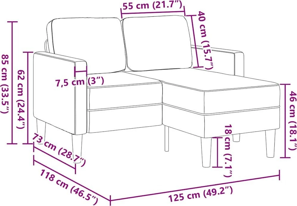 2-vietė sofa su L formos juodu 125 cm audiniu