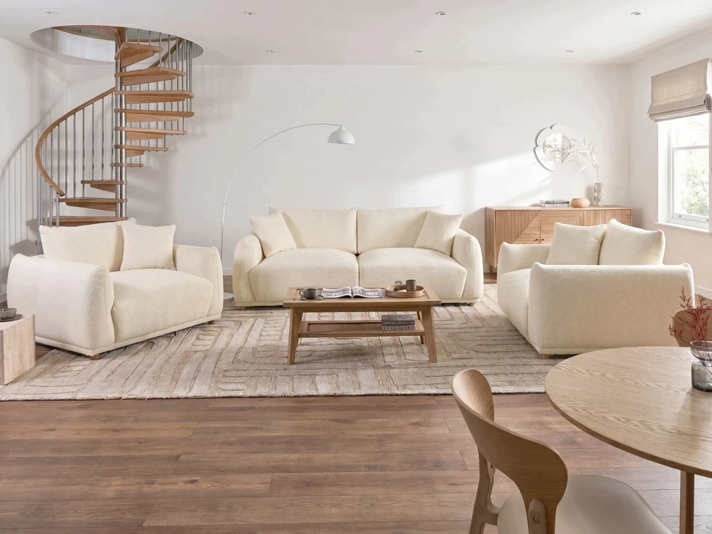 Sofa Beliani 5 dalių svetainės baldų komplektas JUBEK Boucle, kreminės baltos spalvos