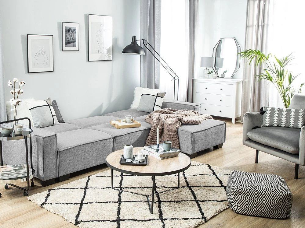 Beliani Išskleidžiama kampinė sofa ROMEDAL, 3 vietų, šviesiai pilka, kairinė