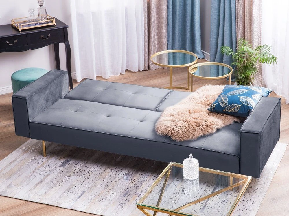 Beliani Trivietė išskleidžiama sofa VISNES, veliūrinė, pilka