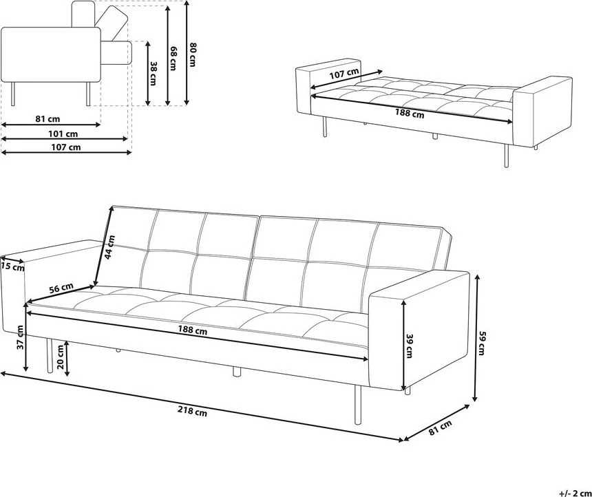 Beliani Trivietė išskleidžiama sofa VISNES, veliūrinė, pilka