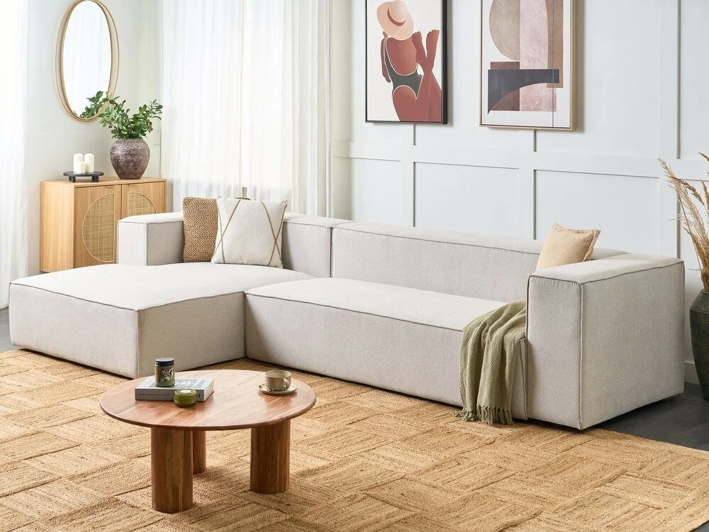 Beliani Trijų vietų kampinė sofa VERNON, šviesiai smėlio spalvos, dešininė