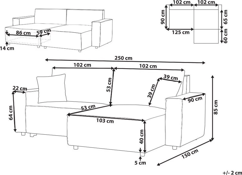 Beliani Išskleidžiama kampinė sofa KARILA, 3 vietų, tamsiai pilka, su patalynės dėže, kairinė