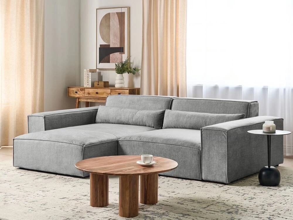 Beliani Modulinė 3 vietų kampinė sofa HELLNAR dešininė, pilka su otomane