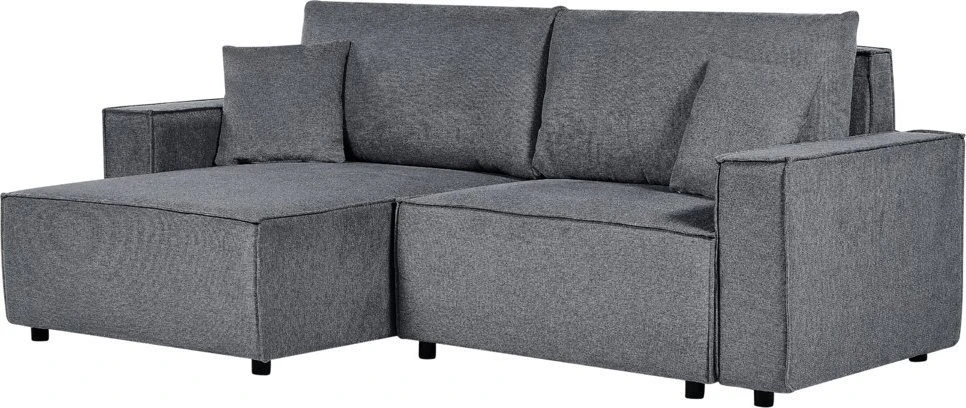 Beliani Išskleidžiama kampinė sofa KARILA 3 vietų, tamsiai pilka, su patalynės dėže, dešininė