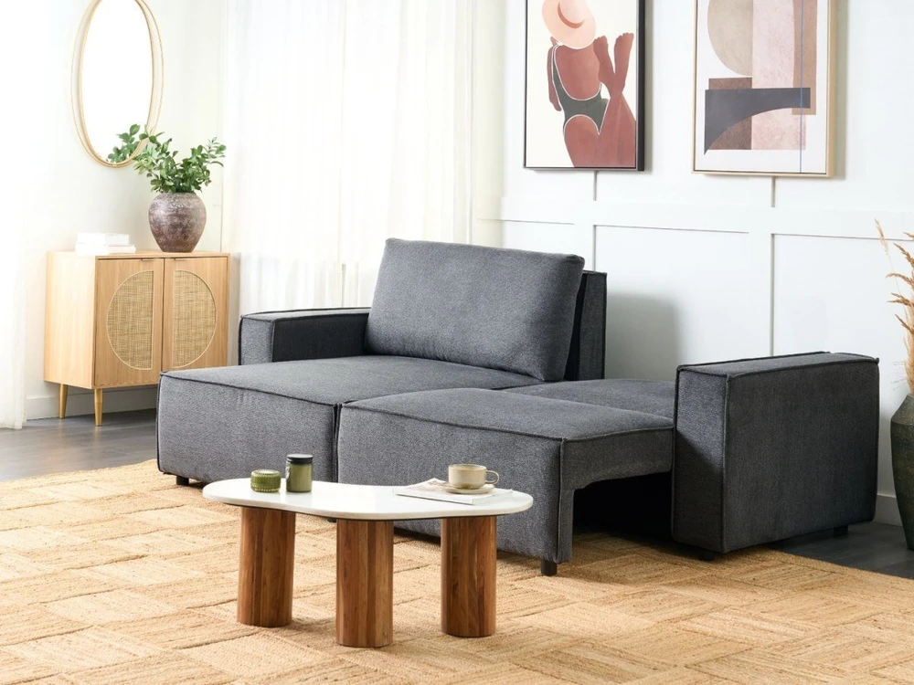 Beliani Išskleidžiama kampinė sofa KARILA 3 vietų, tamsiai pilka, su patalynės dėže, dešininė