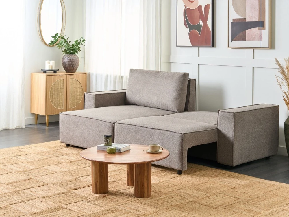 Beliani Išskleidžiama kampinė sofa KARILA, 3 vietų, smėlio spalvos, su patalynės dėže, dešininė