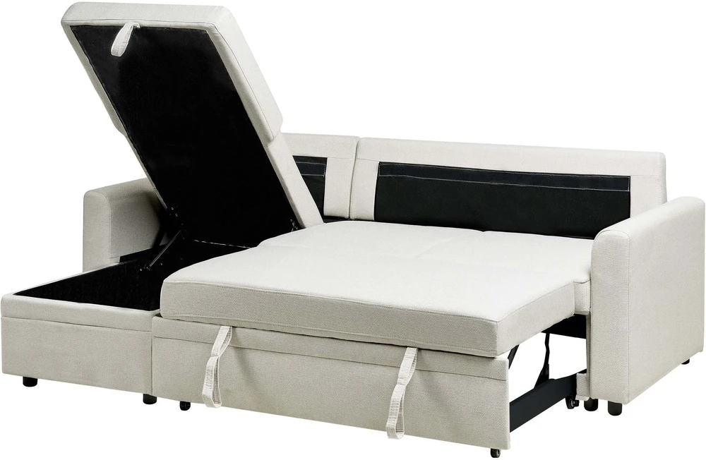 Beliani Išskleidžiama 3 vietų kampinė sofa NASSJO sintetinis linas šviesiai smėlio spalvos dešininė