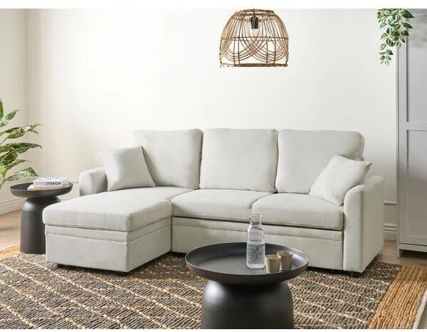 Beliani Išskleidžiama 3 vietų kampinė sofa NASSJO sintetinis linas šviesiai smėlio spalvos dešininė