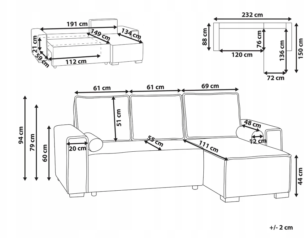Beliani Išskleidžiama 3 vietų kampinė sofa EDANE, pilka, su patalynės dėže, kairinė