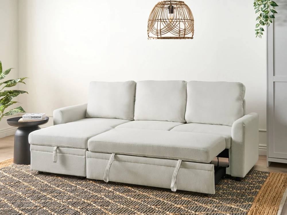 Beliani Išskleidžiama 3 vietų kampinė sofa NASSJO sintetinis linas šviesiai smėlio spalvos dešininė